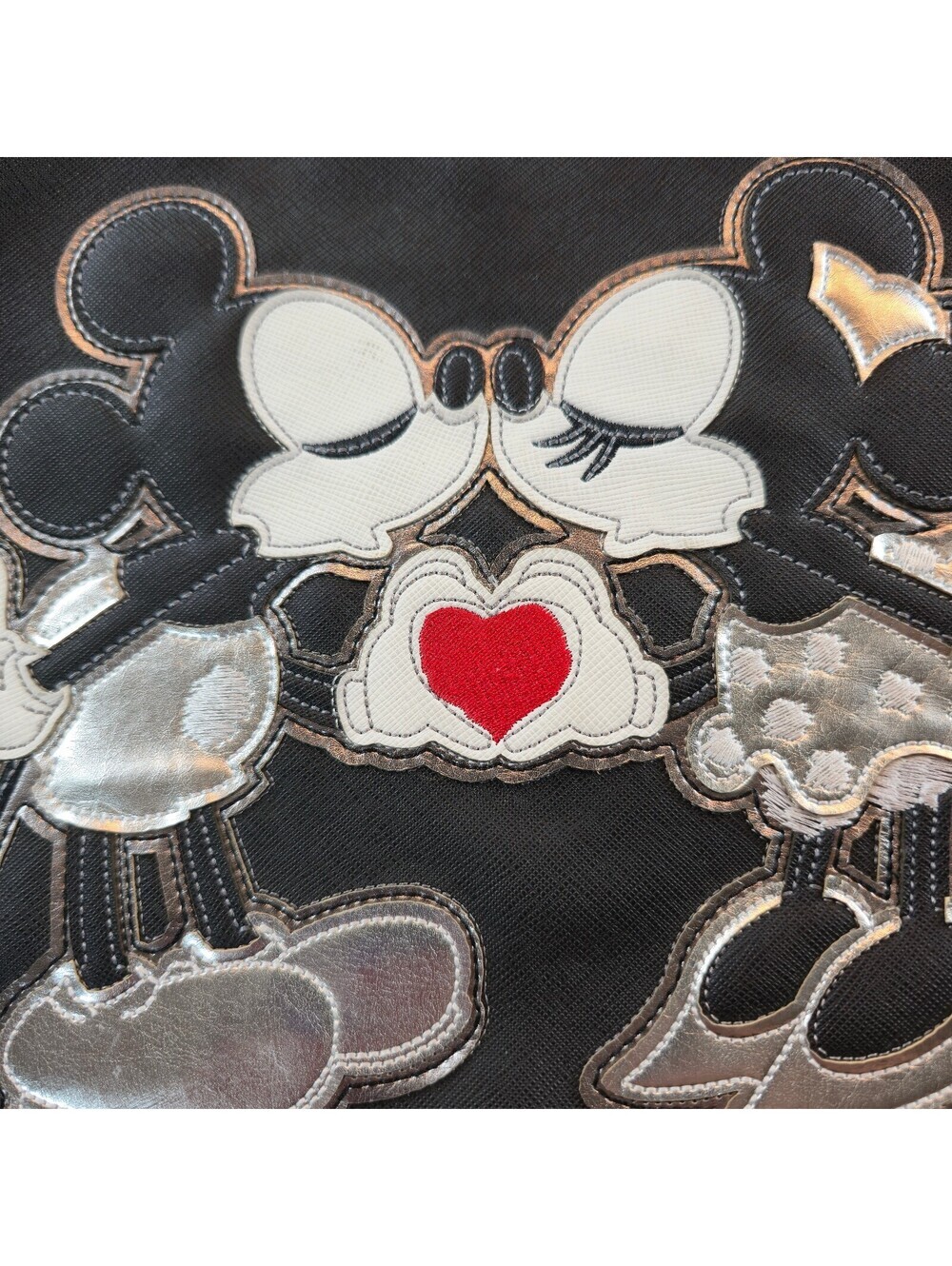 Disney Parks Mickey & Minnie Mouse Kiss Crossbody  Black Silver Faux Leather - Picture 2 of 6